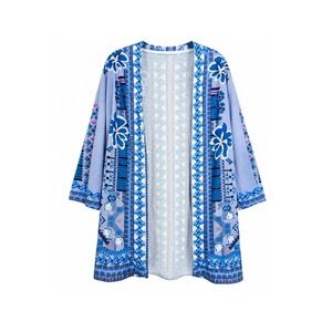 MISSLOOK Womens 4XL Blue Geometric Print Boho‎ Open Front Kimono Cardigan